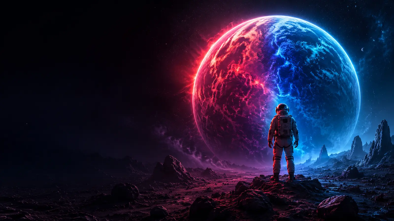 Astronauta diante de um planeta vibrante, representando a expansão de uma marca